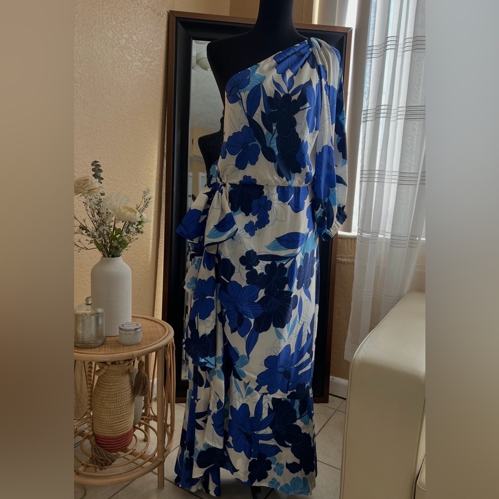 J. Crew collection Blue white floral one shoulder maxi Dress Ruffled size 10 - Picture 2 of 16